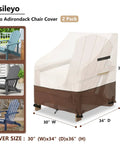 Two Pack Waterproof Adirondack Chair Covers Heavy Duty Outdoor Furniture Covers For All Weather Protection That Keeps Your Chairs Dry And Clean 30W X 34D X 36H Inches Beige And Brown displayed with size and features in an illustrated image.