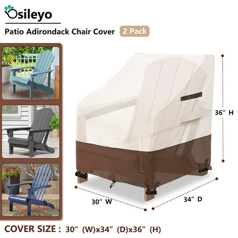 Two Pack Waterproof Adirondack Chair Covers Heavy Duty Outdoor Furniture Covers For All Weather Protection That Keeps Your Chairs Dry And Clean 30W X 34D X 36H Inches Beige And Brown displayed with size and features in an illustrated image.