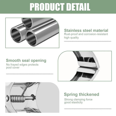 Product detail of Heavy Duty 12 Pack Pool Cover Clips 4.72 Inch Stainless Steel Spring Clamps showcasing materials and features.