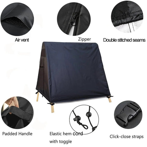 Waterproof Windproof 72 Inch A Frame Swing Cover with features like air vent, zipper, padded handle, and elastic hem for all-weather protection.