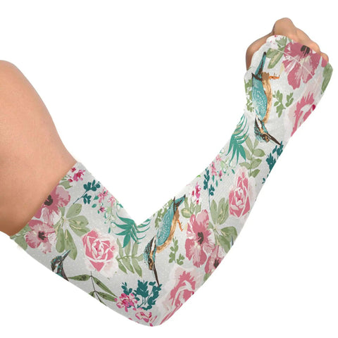 Cooling Garden Arm Sleeves With Thumb Hole, Sun Protection, Breathable Nylon, Floral Pink Hummingbird Design For Yard Work And Gardening