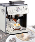 Top Shelf Bean To Cup Espresso Machine With Burr Grinder And 25 Bar Pressure For Smooth Creations with latte art and coffee beans.