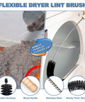 Universal Dryer Lint Cleaning Kit with flexible brush removing lint from ducts and dryer, wood handle, stainless steel, bristles