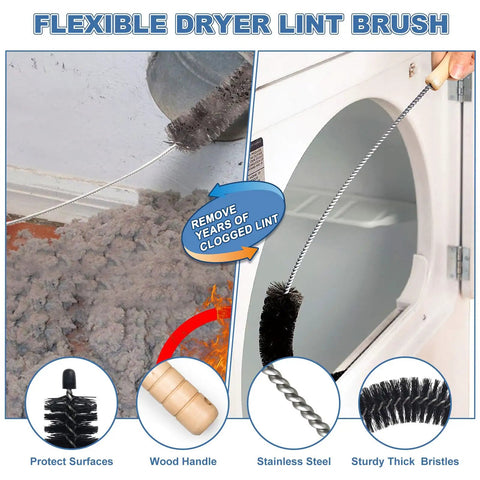 Universal Dryer Lint Cleaning Kit with flexible brush removing lint from ducts and dryer, wood handle, stainless steel, bristles
