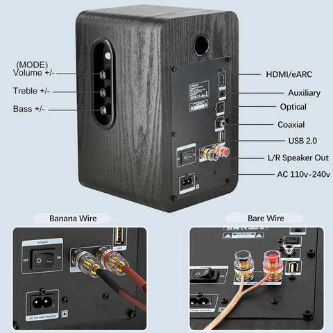 Back view of Powered Bookshelf Speakers with Wireless 100W RMS Bluetooth And eARC, showing various input connections and controls.