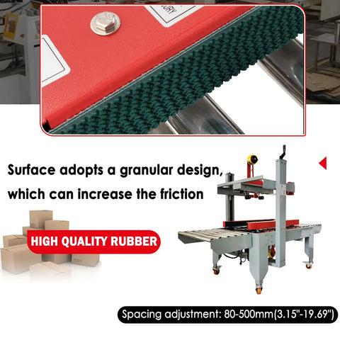 Full Automatic Double Flap Case Sealer Tape Machine for Folding Cartons showcasing granular surface design for increased friction.