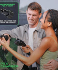 Couple holding adapters for Beefy Hardwired Level 2 Electric Vehicle Charging Station with J1772 and Tesla NACS support.