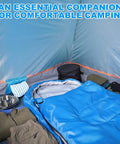 Grab And Go All In One 11 Piece Camping Gear Set For One To Two People Including Tent Sleeping Bag Stainless Steel Mess Kit Waterproof Tarp And More For Backpacking Road Trips Beach Backyard Fun And Family Campouts. Inside view of tent with blue sleeping bag and mess kit.