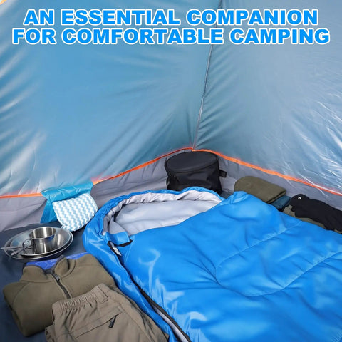 Grab And Go All In One 11 Piece Camping Gear Set For One To Two People Including Tent Sleeping Bag Stainless Steel Mess Kit Waterproof Tarp And More For Backpacking Road Trips Beach Backyard Fun And Family Campouts. Inside view of tent with blue sleeping bag and mess kit.
