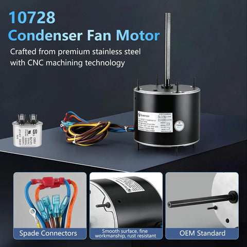 Heavy Duty Condenser Fan Motor Quarter Horsepower 1075 RPM 208 To 230 Volt One Point Eight Amp 48Y Frame HVAC with spade connectors.