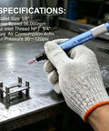 Top Shelf 1/8 Inch Pencil Air Die Grinder Rock Solid Pneumatic Rotary Tool in use, grinding metal workpiece in a shop environment.