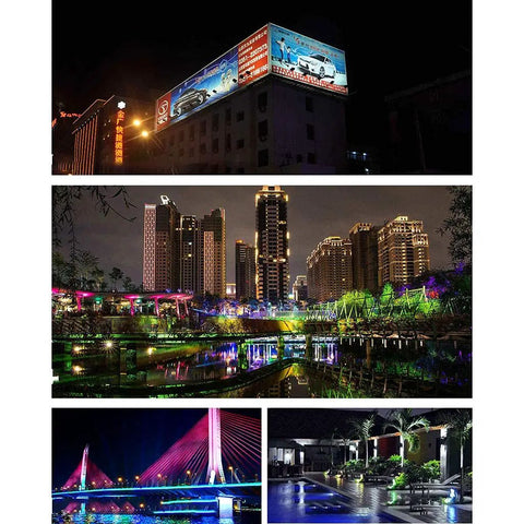 Night view of illuminated buildings, bridge, and landscape showcasing vibrant lighting effects with the JUDYSSY Floodlight.