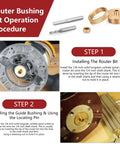 Solid Brass Router Inlay Kit 71333 for One Quarter Inch Template Guides Includes Downcut Carbide Spiral Bit One Quarter Inch Router Bit Bushing Centering Pin For Precise Woodworking Projects - Installation steps displayed