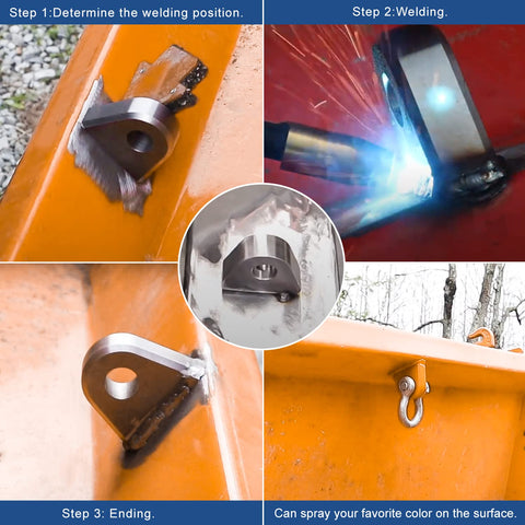Heavy Duty Weld On Shackle Clevis Mounts 1 Inch Thick Steel Pack Of 4 with beveled base being welded to vehicle bumper.