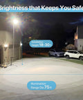 200W Parking Lot Light With 30,000 Lumens UL Listed 5000K Daylight Glow installed in a driveway at night, showing illumination range.