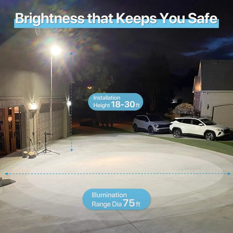 200W Parking Lot Light With 30,000 Lumens UL Listed 5000K Daylight Glow installed in a driveway at night, showing illumination range.