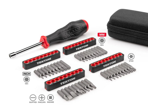 1/4 Inch Drive Bit Driver And 37-Piece Bit Set In Durable Case With Phillips, Slotted, Square, Hex, Fractional, And Metric, And Torx Bits For Quick Home DIY, Furniture Assembly, And Electronics Repairs displayed with case