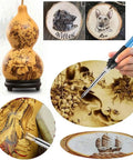 28 Piece Wood Burning Kit With Dope Pro Grade Tips For Pyrography Embossing And Soldering shown with engraved projects