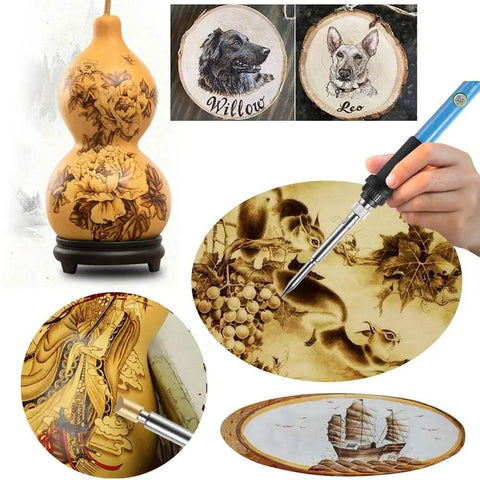 28 Piece Wood Burning Kit With Dope Pro Grade Tips For Pyrography Embossing And Soldering shown with engraved projects
