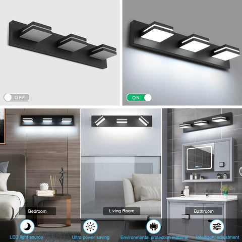 Cool White 6000K Dimmable Vanity Light In Matte Black With Acrylic Shade Over Mirror Modern Bathroom Wall Fixture Moisture Proof