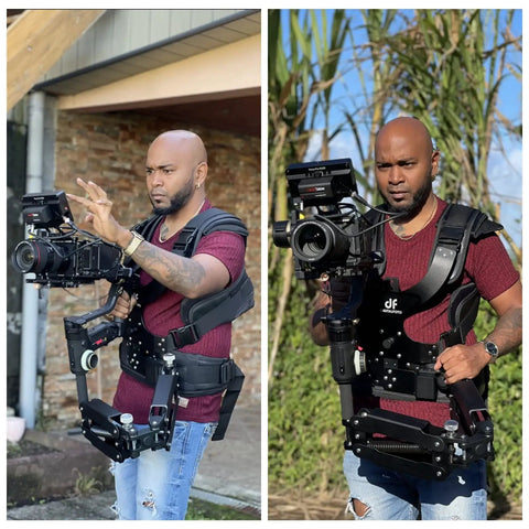 Person using Thanos Pro Gimbal Vest Stabilizer System With Adapter Arm for filming, shown stabilizing camera outdoors.