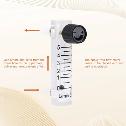 Oxygen Flow Meter 0 To 5 LPM Acrylic Flowmeter For Oxygen And Air Gas With 8 mm Hose Barbs displaying flow markings and adjustment knob.