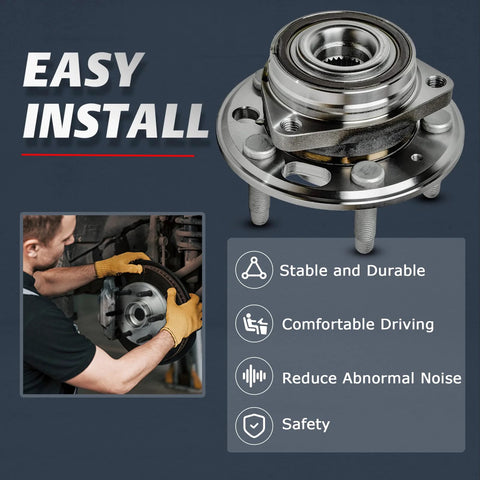 Front And Rear Wheel Bearing Hub Assembly 5 Lug Direct Fit Replacement For 2010 2017 Buick Lacrosse Regal Cadillac XTS Malibu Impala With Encoder ABS 3 Bolt Triangular Flange 513288 displayed with installation process diagram