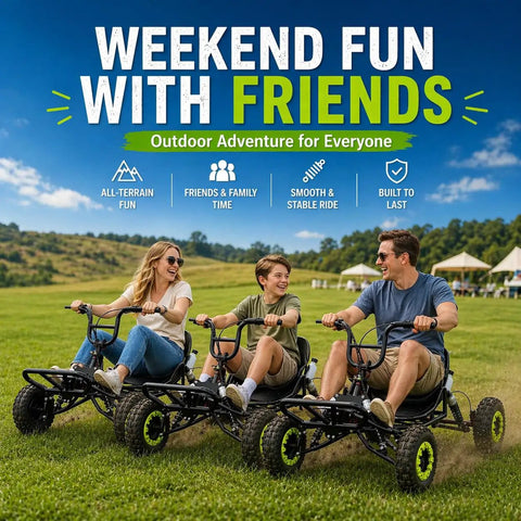 Three people riding 63cc Gas Off Road Go Kart For Kids Teens And Adults With High Handlebar For Extra Legroom on grassy field.