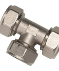 Four Pack Three Quarter Inch Equal Tee Fittings Nickel Plated Brass For Three Quarter Inch Tubing 175 PSI Max Double O Ring Compression