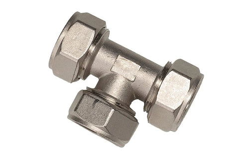 Four Pack Three Quarter Inch Equal Tee Fittings Nickel Plated Brass For Three Quarter Inch Tubing 175 PSI Max Double O Ring Compression