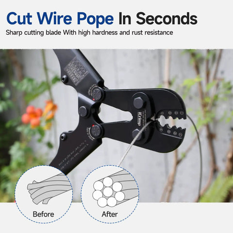 Wire Rope Crimping Tool Kit for 3/64 Inch to 1/8 Inch Rope, Swager Kit With cutting blade in use outdoors IWS-1608MC