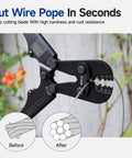 Heavy Duty Wire Rope Crimping Tool With Built In Wire Cutter Four Die Slots From Three Sixty Fourth To One Eighth Inch Pro Grade High Carbon Steel Swaging Tool For Marine Rigging Clotheslines Awnings Railings And Cable Projects cutting wire outdoors.