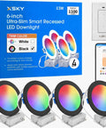 Xsky Smart Recessed Lighting 6 inch 4 Pack displays RGBW dimmable downlights with black trim and included dimmer switch.