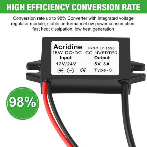 Rugged 12V/24V To 5V USB C Buck Converter 3A 15W Type C Output Waterproof Charging Module front view with efficiency rating