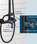 Close-up of Matte Black Outdoor Shower System With Exposed Install Built To Last All In One Shower Fixture Made From SUS304.