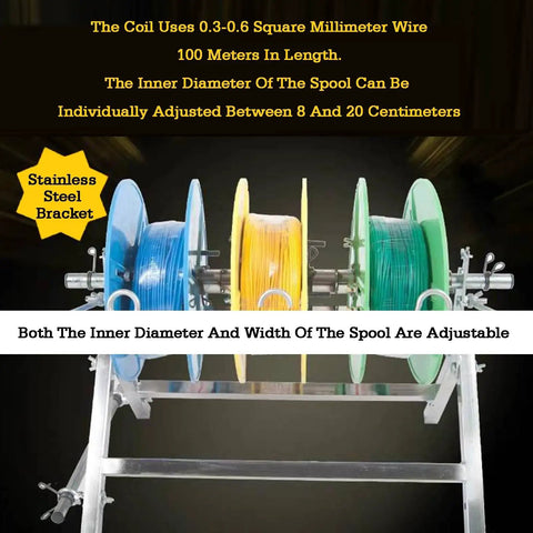 Multi Tray Cable Spool Organizer with five rotating turntable reels on adjustable stainless steel bracket.