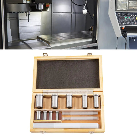 Pro Grade Keyway Broach Set For Lathe 18 Pcs HSS With Wooden Case shown open on industrial machinery background.