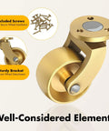 Heavy Duty Brass Casters Set Of Four With Rock Solid Dual Bearings And Sweet Gliding Mobility For Vintage Furniture Moving Easy On Wood Floors Without Scratches Includes Simple Plug And Play Mounting Kit For Tables And Workbenches featuring a sturdy bracket and included screws for secure installation.