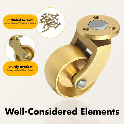 Heavy Duty Brass Casters Set Of Four With Rock Solid Dual Bearings And Sweet Gliding Mobility For Vintage Furniture Moving Easy On Wood Floors Without Scratches Includes Simple Plug And Play Mounting Kit For Tables And Workbenches featuring a sturdy bracket and included screws for secure installation.