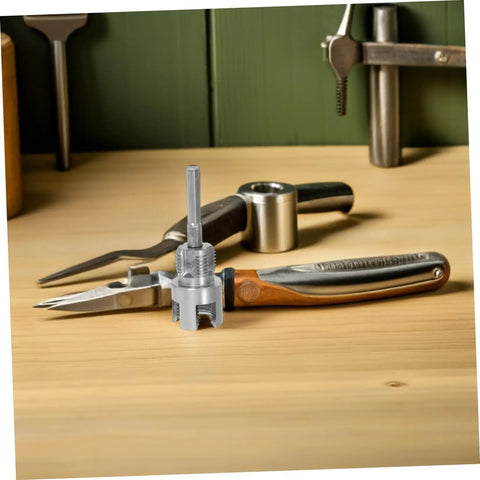 Yarnow Two Piece PVC Pipe Threading Tool Kit With Internal And External Threader Carbon Steel Portable Pipe Thread Cutter for Plumbing and Home Repairs Compatible With Electric Drill placed on a wooden workbench.
