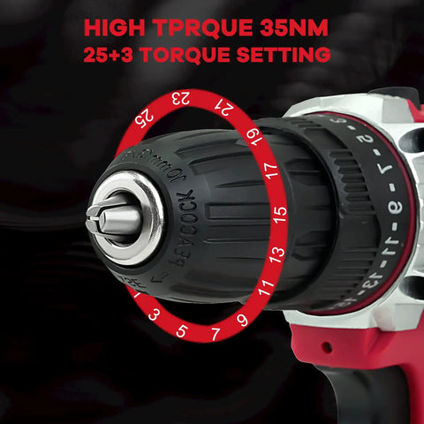 Close-up of 21V Cordless Drill Set With Dual Batteries And Charger, 25 Plus 3 Torque, 2 Speed, black drill chuck and settings