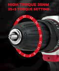 Close-up of drill head showing torque settings on Cordless Drill Kit 21V Power Drill Set With Two Batteries And Charger 25 Plus 3 Torque