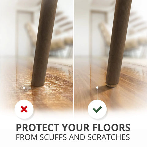 Comparison of chair leg with and without Premium Felt Furniture Pads Set 133 Pieces For Wood Floors And Laminate Protect Surfaces From Scratches