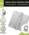 Heavy Duty Square Door Hinges 3.5 By 3.5 Inch Set Of Three Ball Bearing Rust Proof Stainless Steel Brushed Nickel Finish, close up image showing details.