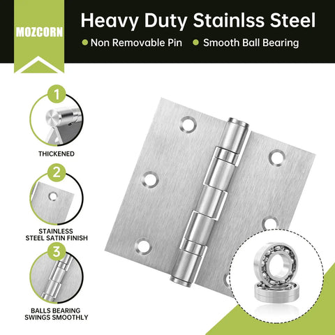 Heavy Duty Square Door Hinges 3.5 By 3.5 Inch Set Of Three Ball Bearing Rust Proof Stainless Steel Brushed Nickel Finish, close up image showing details.