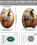 Elongated Toilet Seat Resin for Bathroom with horse design, 18.5 inches long, showing size compatibility guide.