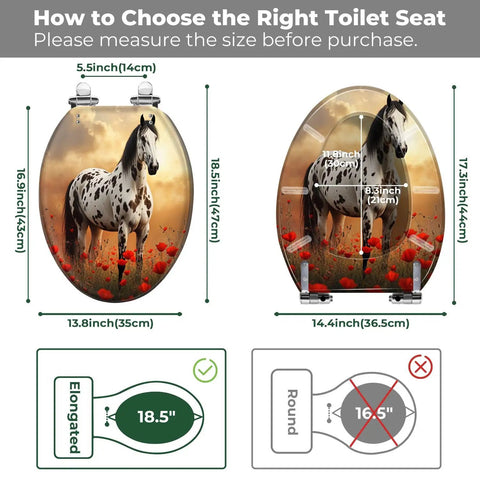 Elongated Toilet Seat Resin for Bathroom with horse design, 18.5 inches long, showing size compatibility guide.