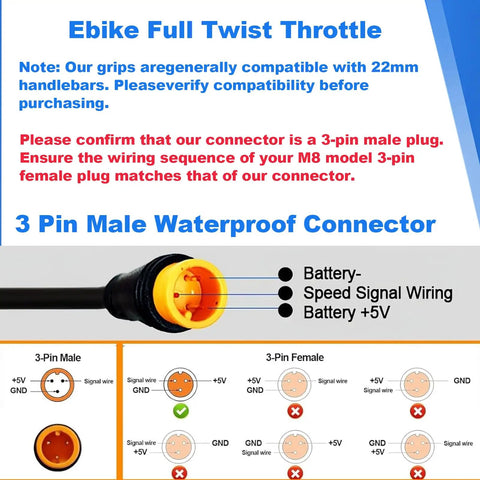Wide Voltage Twist Throttle For E-Bikes And Scooters 12V To 72V IP76 Waterproof Plug 3 Pin Plug And Play Easy Throttle Upgrade For Mountain Folding And City E-Bikes