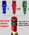 Universal Quick Coupler and three quick air plug types; Blue T, Red I/M, Green A for air compressor connections.