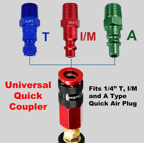 Universal Quick Coupler and three quick air plug types; Blue T, Red I/M, Green A for air compressor connections.
